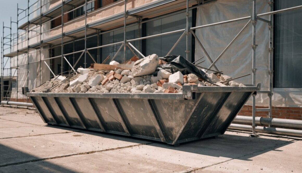 Bauschuttmulde gefüllt mit Betonbruch, Ziegeln und Porenbeton auf einer Baustelle mit Gerüst