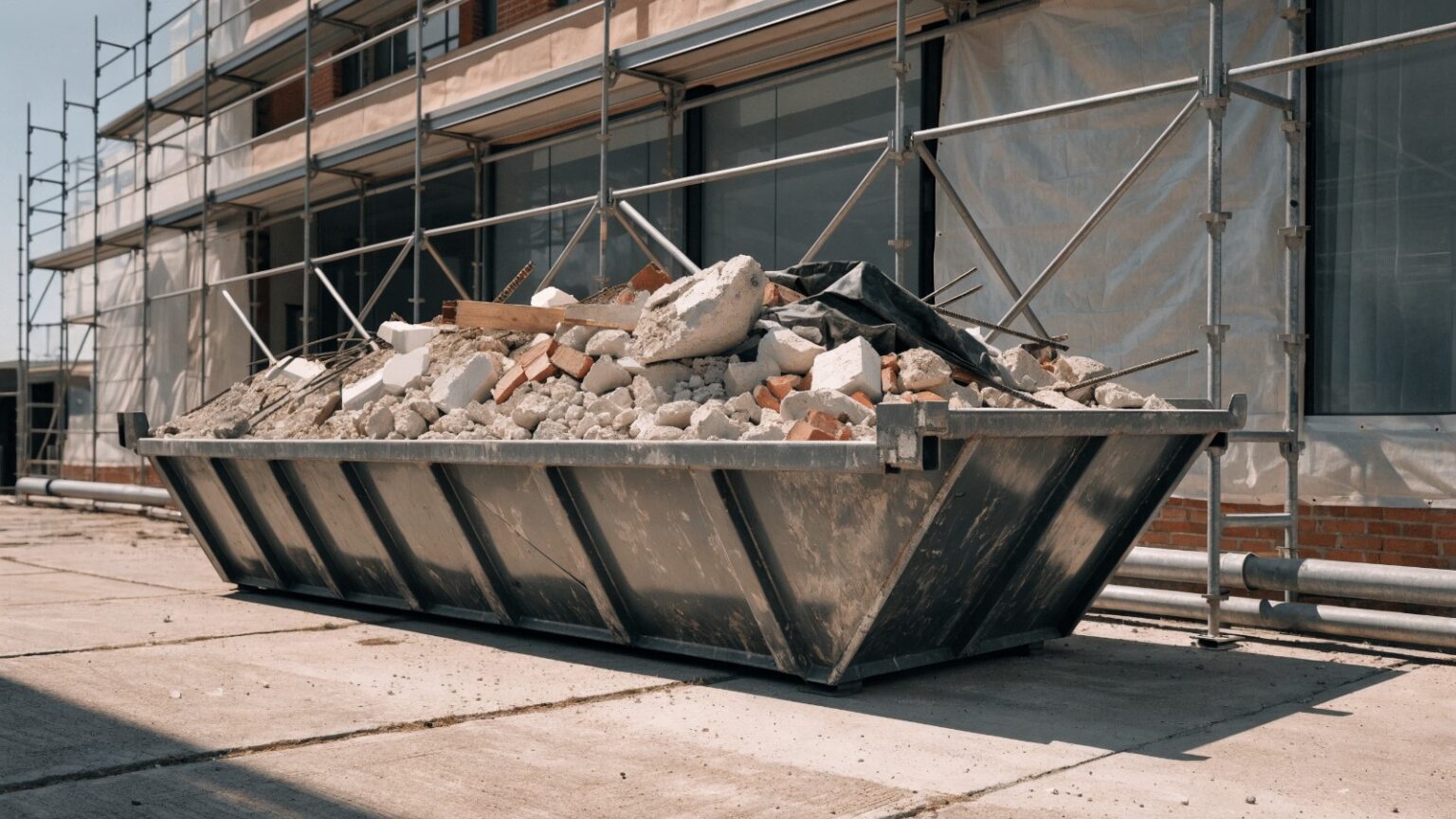Bauschuttmulde gefüllt mit Betonbruch, Ziegeln und Porenbeton auf einer Baustelle mit Gerüst