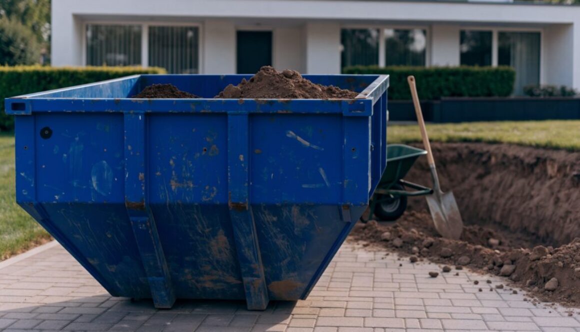 Blaue Absetzmulde Typ 8 mit Erdaushub vor einem Wohnhaus, daneben eine ausgehobene Grube
