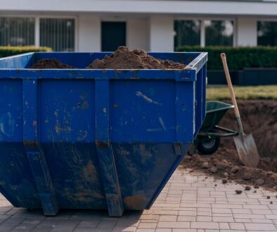 Blaue Absetzmulde Typ 8 mit Erdaushub vor einem Wohnhaus, daneben eine ausgehobene Grube