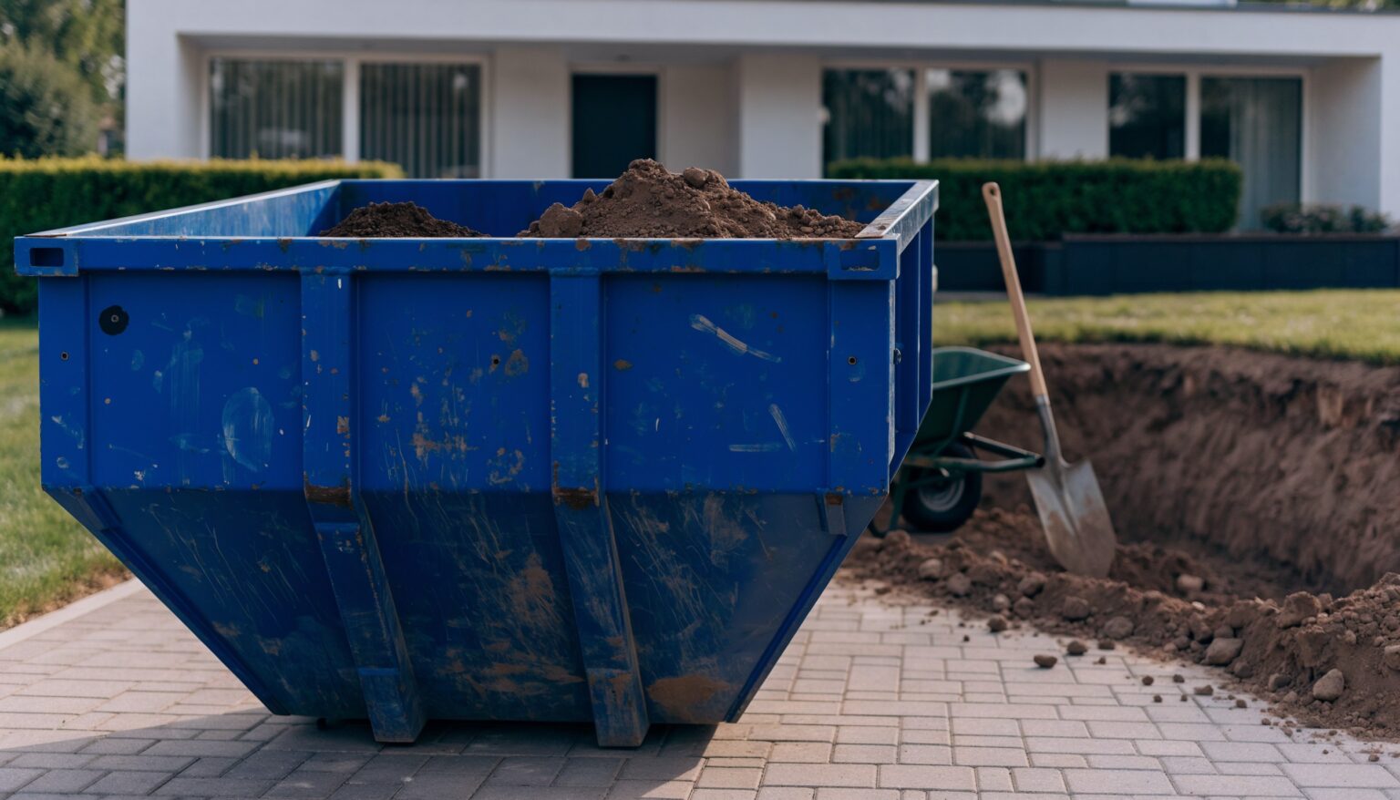 Blaue Absetzmulde Typ 8 mit Erdaushub vor einem Wohnhaus, daneben eine ausgehobene Grube