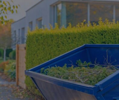 Blaue Mulde für Grünschnitt mit Heckenschnitt und Ästen vor einem Wohnhaus