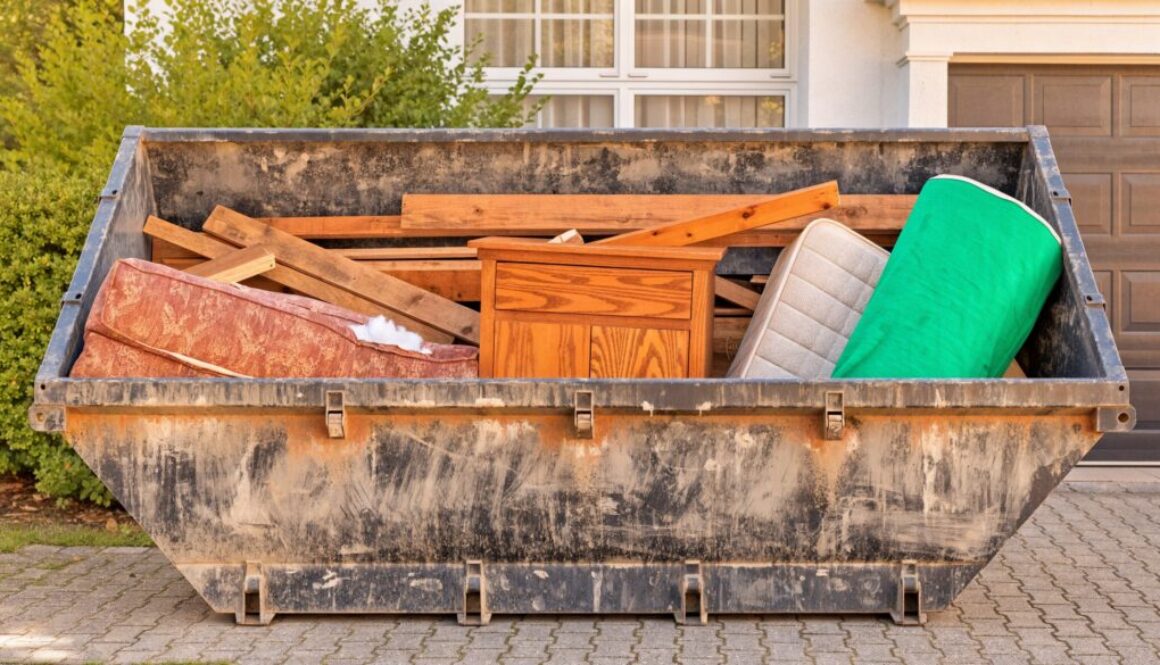 Absetzmulde auf einer Einfahrt, gefüllt mit Sperrmüll wie altem Sofa, Holzschrank, Matratze und Altholz