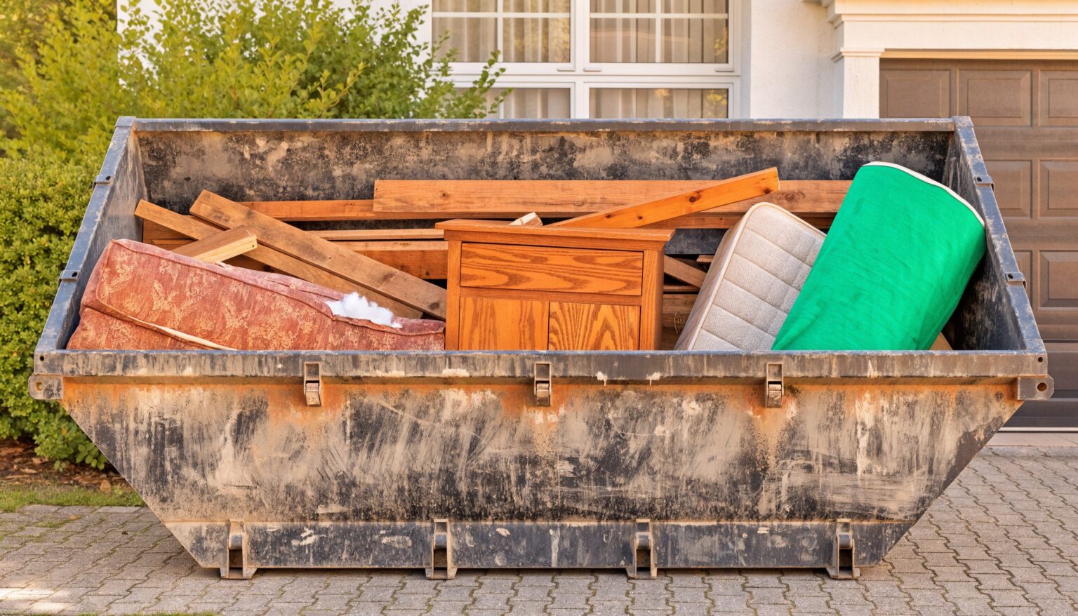 Absetzmulde auf einer Einfahrt, gefüllt mit Sperrmüll wie altem Sofa, Holzschrank, Matratze und Altholz